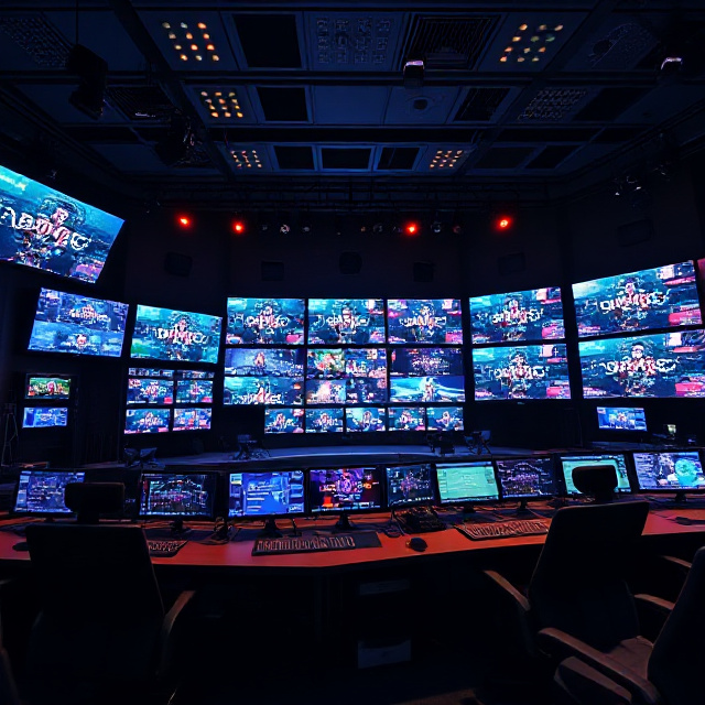 Live casino production control room with a wall of monitors and camera switching